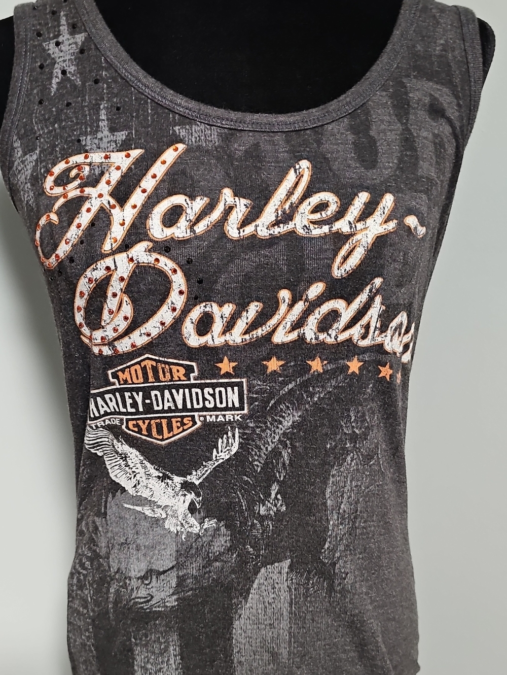 Harley-Davidson Charcoal Black Tank with Orange-Accent Script